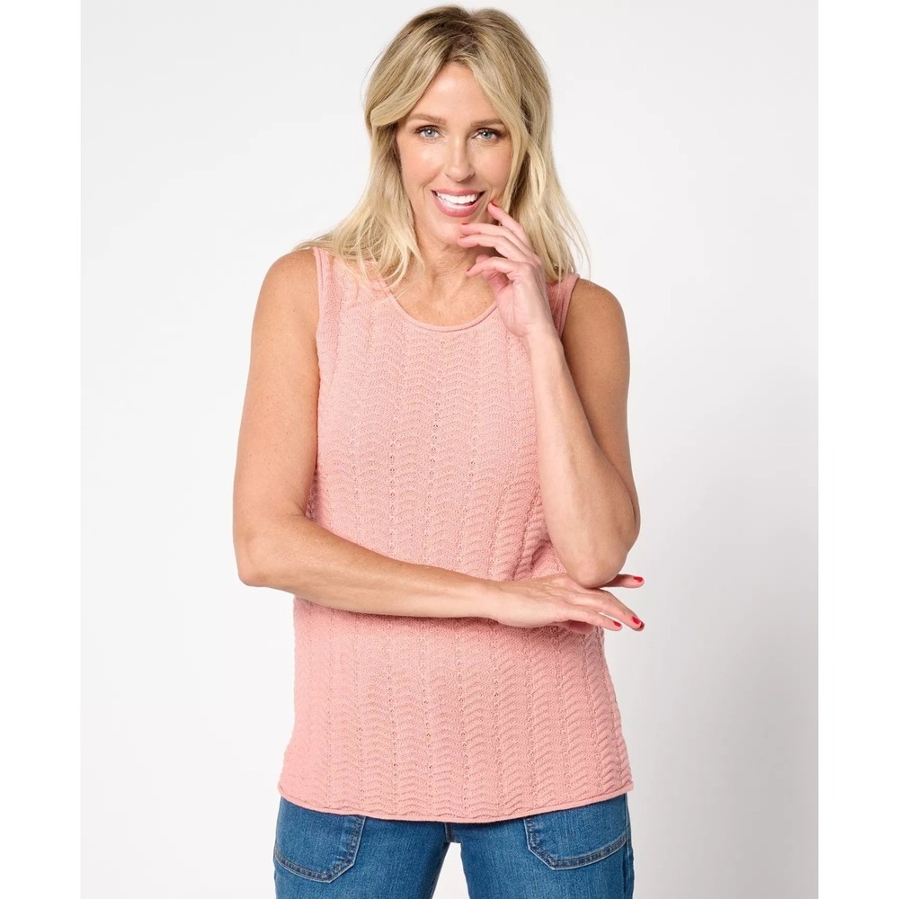 Denim & Co. Cotton Texture Stitch Sweater Knit Tank Light Pink Casual Size L